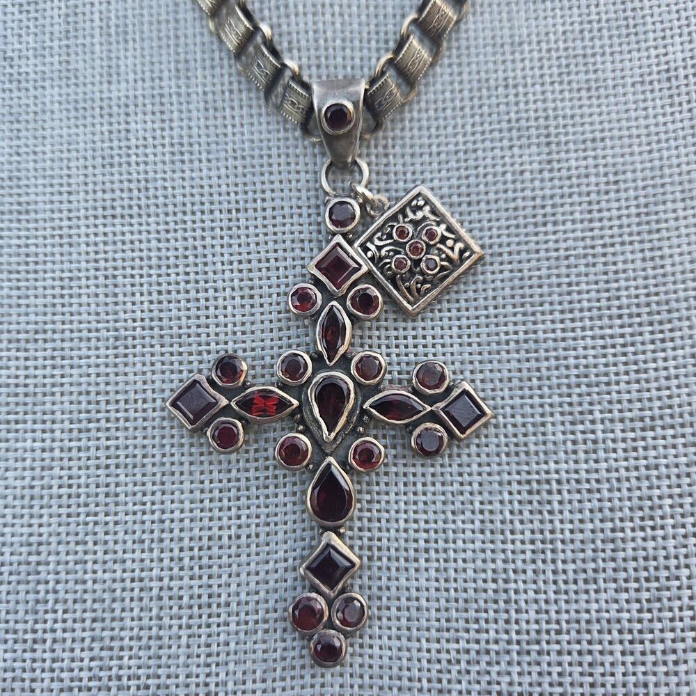 Vintage 925 Sterling Garnet Cross Necklace Ornate Book Chain Boho Gothic 18.5"